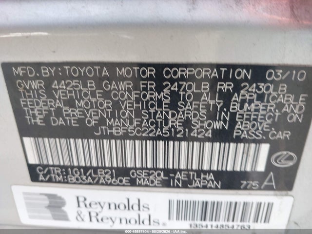 Aukcja sprzedaży 2010 Lexus Is 250, vin: JTHBF5C22A5121424, numer aukcji: 45887404