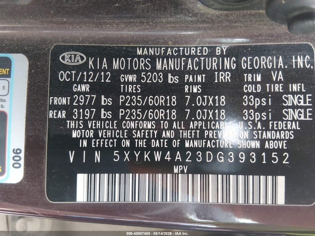 Продажа на аукционе авто 2013 Kia Sorento Sx, vin: 5XYKW4A23DG393152, номер лота: 45887405