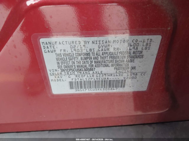 45887407 :رقم المزاد ، 3N1CP5CU5KL505867 vin ، 2019 Nissan Kicks Sv مزاد بيع