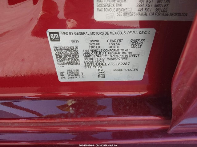 Aukcja sprzedaży 2026 Gmc Sierra 1500 , Short Bed, Slt, 4wd, vin: 3GTUUDEL7TG122287, numer aukcji: 45887409