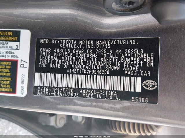 2015 Toyota Camry Se მანქანა იყიდება აუქციონზე, vin: 4T1BF1FK2FU916200, აუქციონის ნომერი: 45887421
