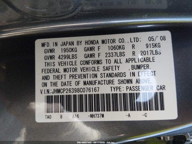 45887442 :رقم المزاد ، JHMCP26398C076167 vin ، 2008 Honda Accord 2.4 Lx مزاد بيع