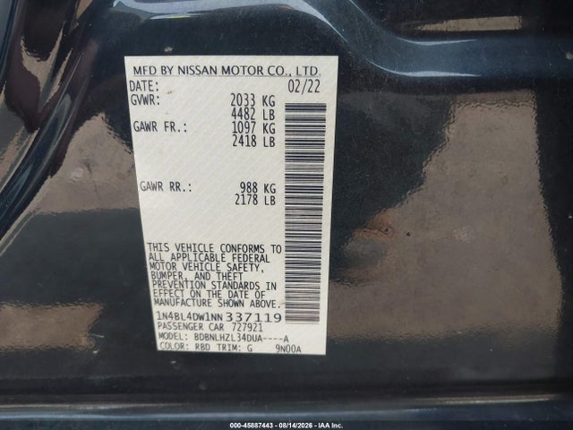 Aukcja sprzedaży 2022 Nissan Altima Sv Intelligent Awd, vin: 1N4BL4DW1NN337119, numer aukcji: 45887443