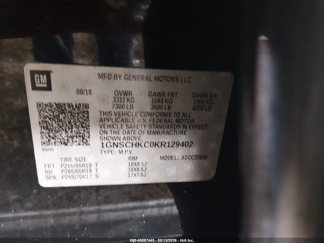 Aukcja sprzedaży 2019 Chevrolet Suburban Lt, vin: 1GNSCHKC0KR129402, numer aukcji: 45887445