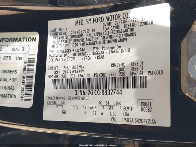 45887453 :رقم المزاد ، 3LN6L2GKXER832744 vin ، 2014 Lincoln Mkz مزاد بيع