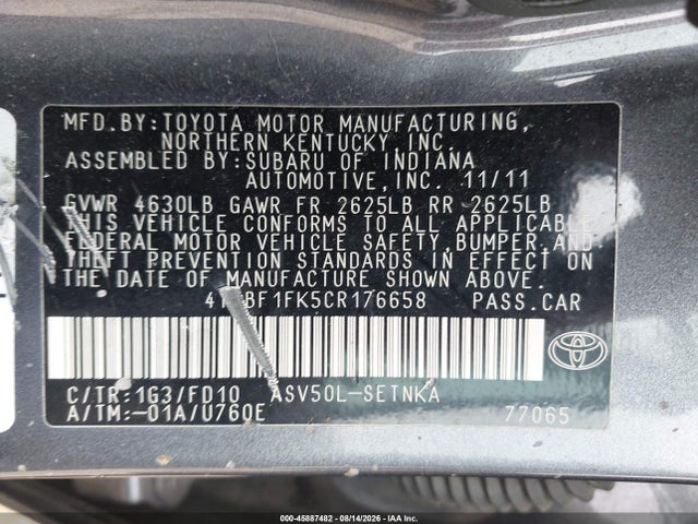 Продажа на аукционе авто 2012 Toyota Camry Le, vin: 4T4BF1FK5CR176658, номер лота: 45887482