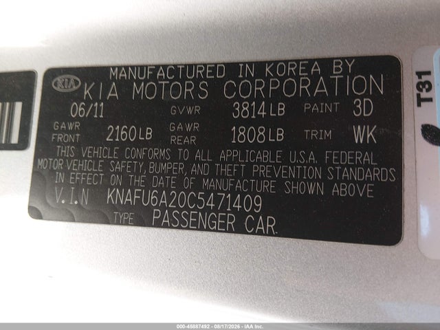 45887492 :رقم المزاد ، KNAFU6A20C5471409 vin ، 2012 Kia Forte Koup Ex مزاد بيع
