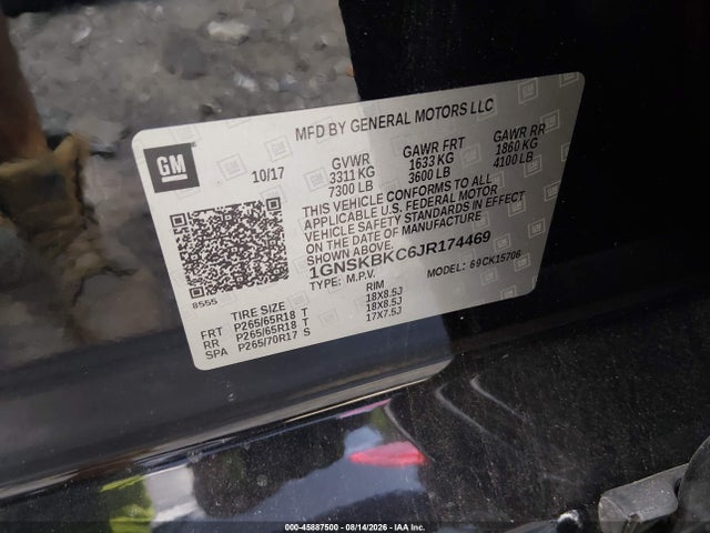 Продаж на аукціоні авто 2018 Chevrolet Tahoe Lt, vin: 1GNSKBKC6JR174469, номер лоту: 45887500