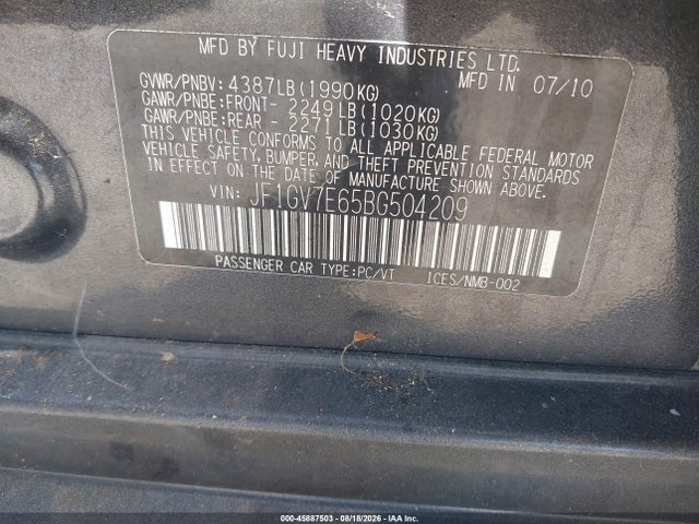 Продажа на аукционе авто 2011 Subaru Impreza Wrx, vin: JF1GV7E65BG504209, номер лота: 45887503