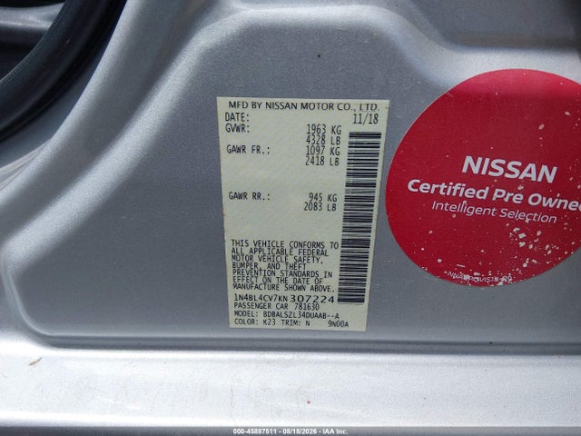 Продаж на аукціоні авто 2019 Nissan Altima 2.5 Sr, vin: 1N4BL4CV7KN307224, номер лоту: 45887511