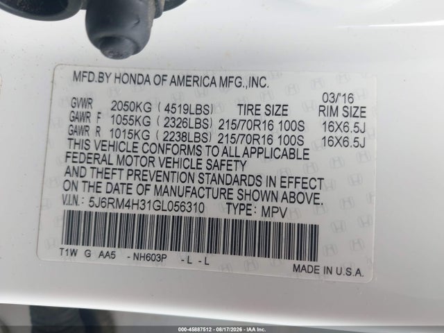 Продаж на аукціоні авто 2016 Honda Cr-v Lx, vin: 5J6RM4H31GL056310, номер лоту: 45887512