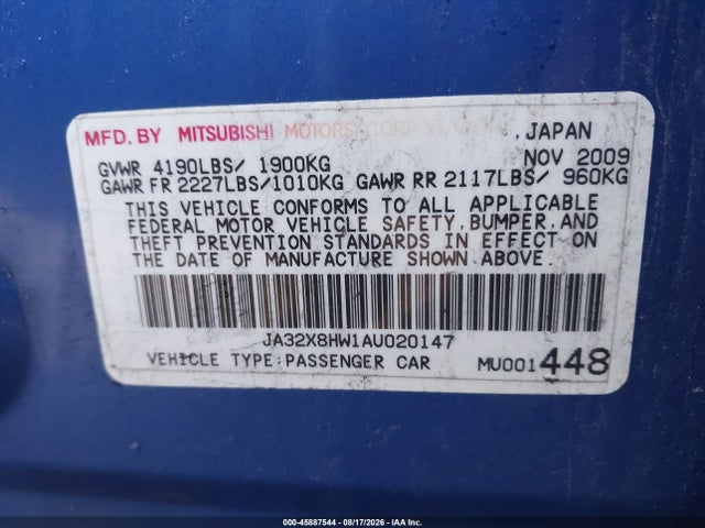 45887544 :رقم المزاد ، JA32X8HW1AU020147 vin ، 2010 Mitsubishi Lancer Sportback Gts مزاد بيع