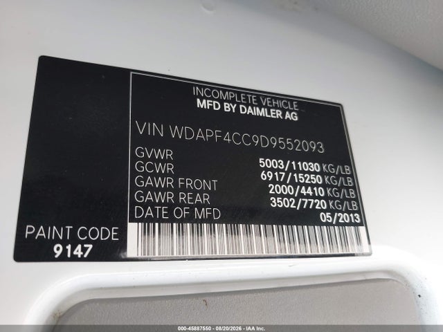 45887550 :رقم المزاد ، WDAPF4CC9D9552093 vin ، 2013 Mercedes-benz Sprinter 3500 مزاد بيع