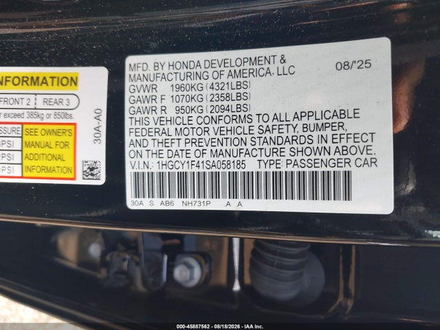 2025 Honda Accord Se მანქანა იყიდება აუქციონზე, vin: 1HGCY1F41SA058185, აუქციონის ნომერი: 45887562