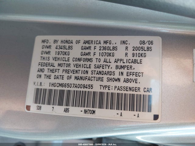 2007 Honda Accord 3.0 Ex მანქანა იყიდება აუქციონზე, vin: 1HGCM66507A009455, აუქციონის ნომერი: 45887566