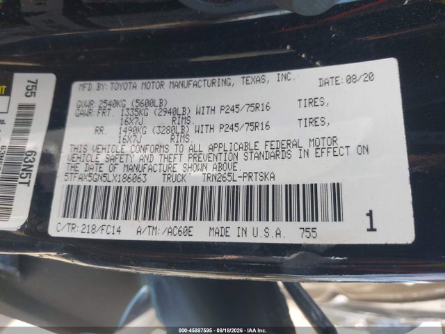 Продаж на аукціоні авто 2020 Toyota Tacoma Sr5, vin: 5TFAX5GN5LX186063, номер лоту: 45887595