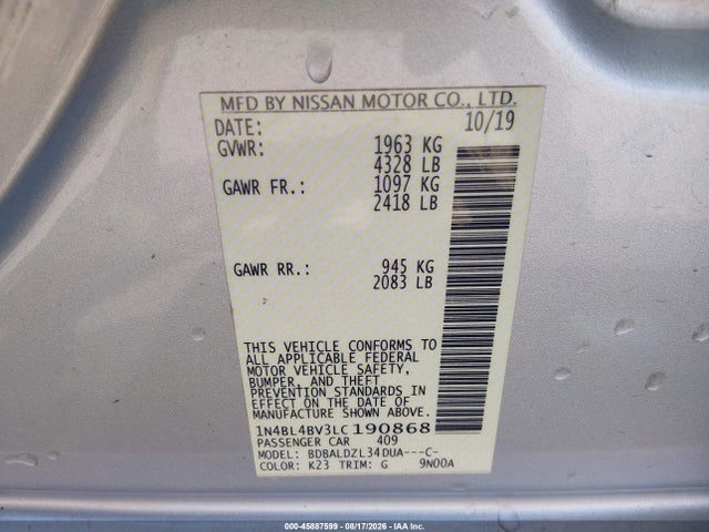Продаж на аукціоні авто 2020 Nissan Altima S Fwd, vin: 1N4BL4BV3LC190868, номер лоту: 45887599