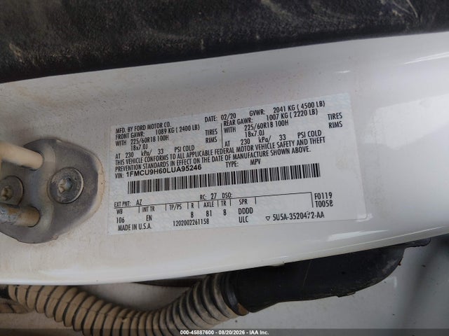 Продажа на аукционе авто 2020 Ford Escape Sel, vin: 1FMCU9H60LUA95246, номер лота: 45887600