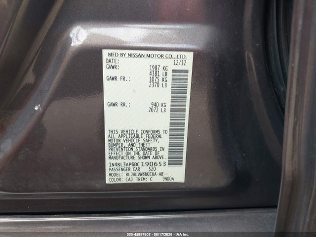 2013 Nissan Altima 3.5 Sl მანქანა იყიდება აუქციონზე, vin: 1N4BL3AP6DC190653, აუქციონის ნომერი: 45887607