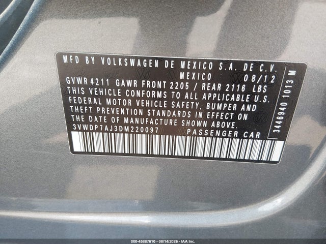 Aukcja sprzedaży 2013 Volkswagen Jetta 2.5l Se, vin: 3VWDP7AJ3DM220097, numer aukcji: 45887610