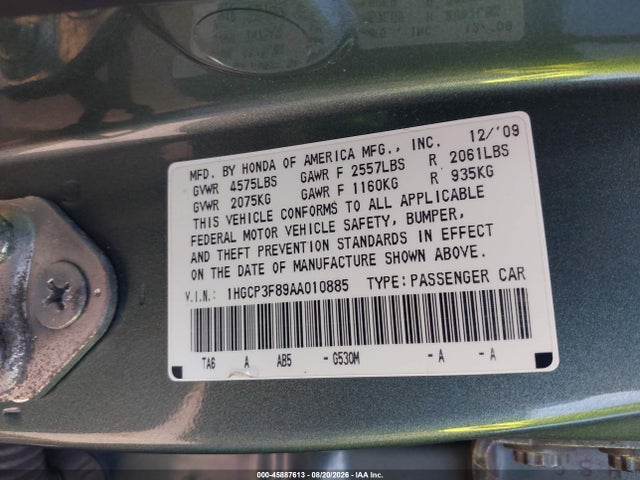 Aukcja sprzedaży 2010 Honda Accord 3.5 Ex-l, vin: 1HGCP3F89AA010885, numer aukcji: 45887613