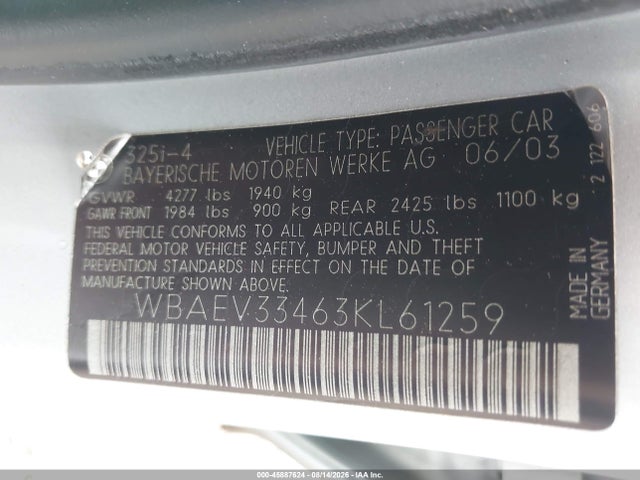Продажа на аукционе авто 2003 Bmw 325i, vin: WBAEV33463KL61259, номер лота: 45887624