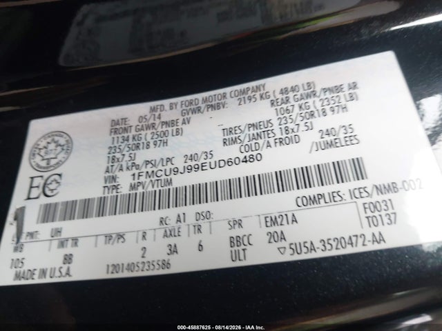 Aukcja sprzedaży 2014 Ford Escape Titanium, vin: 1FMCU9J99EUD60480, numer aukcji: 45887625
