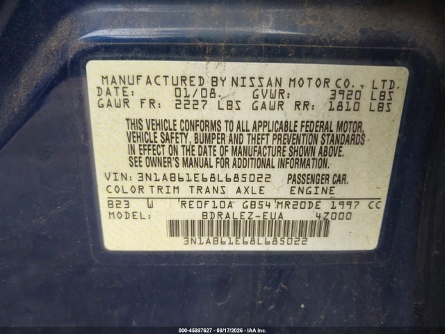 Продаж на аукціоні авто 2008 Nissan Sentra 2.0 S, vin: 3N1AB61E68L685022, номер лоту: 45887627