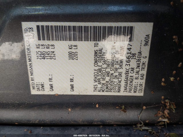 2019 Nissan Maxima 3.5 Sv მანქანა იყიდება აუქციონზე, vin: 1N4AA6AV8KC366147, აუქციონის ნომერი: 45887628