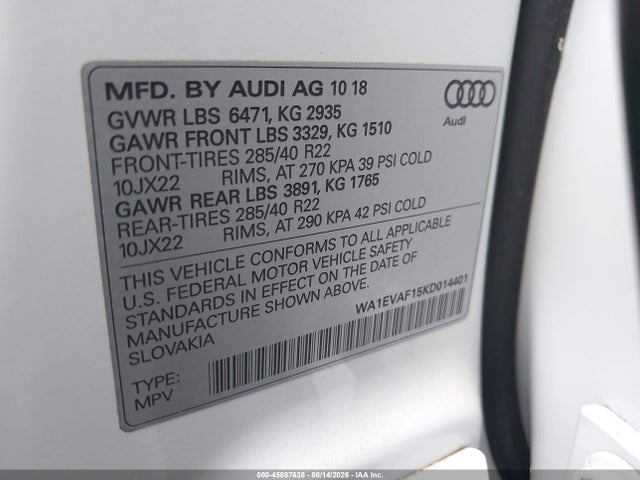 Продаж на аукціоні авто 2019 Audi Q8 55 Premium, vin: WA1EVAF15KD014401, номер лоту: 45887638