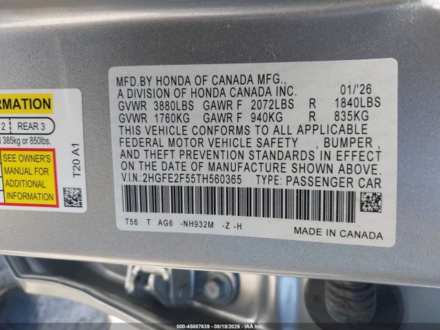 Продаж на аукціоні авто 2026 Honda Civic Sport, vin: 2HGFE2F55TH560365, номер лоту: 45887639