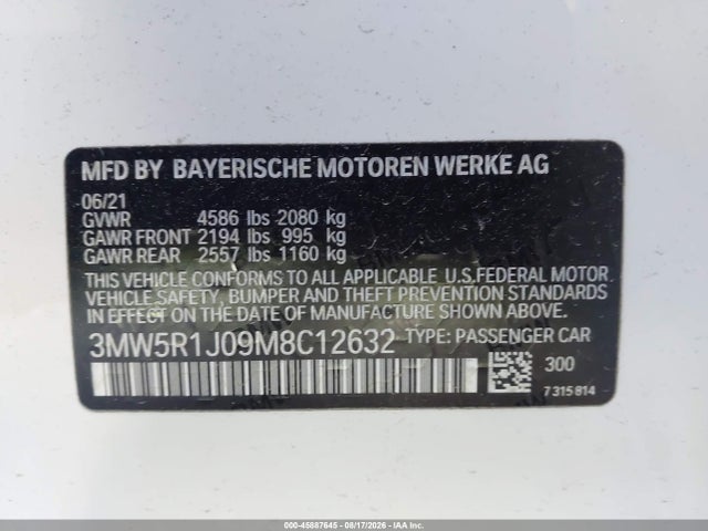 45887645 :رقم المزاد ، 3MW5R1J09M8C12632 vin ، 2021 Bmw 330i مزاد بيع