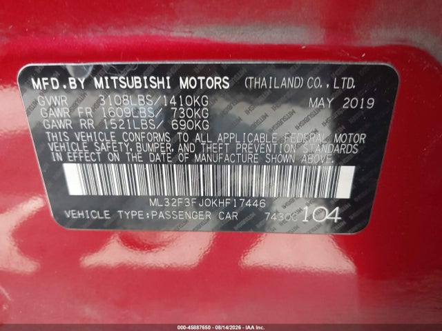 Aukcja sprzedaży 2019 Mitsubishi Mirage G4 Es, vin: ML32F3FJ0KHF17446, numer aukcji: 45887650