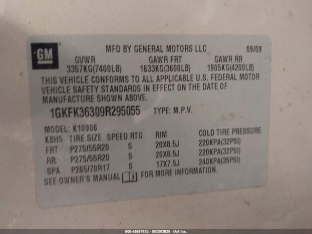 Aukcja sprzedaży 2009 Gmc Yukon Xl Slt W/4sb, vin: 1GKFK36309R295055, numer aukcji: 45887653