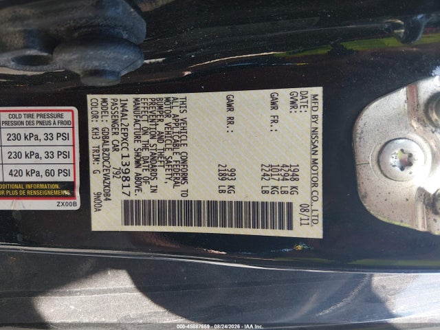 2012 Nissan Altima 2.5 S მანქანა იყიდება აუქციონზე, vin: 1N4AL2EPXCC139817, აუქციონის ნომერი: 45887659