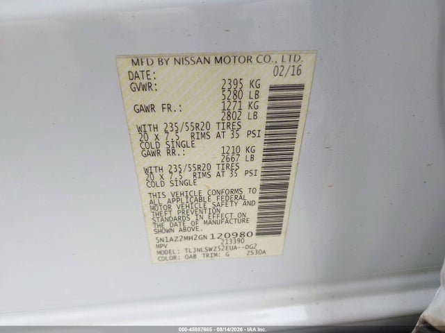 5N1AZ2MH2GN120980 Nissan Murano Platinum