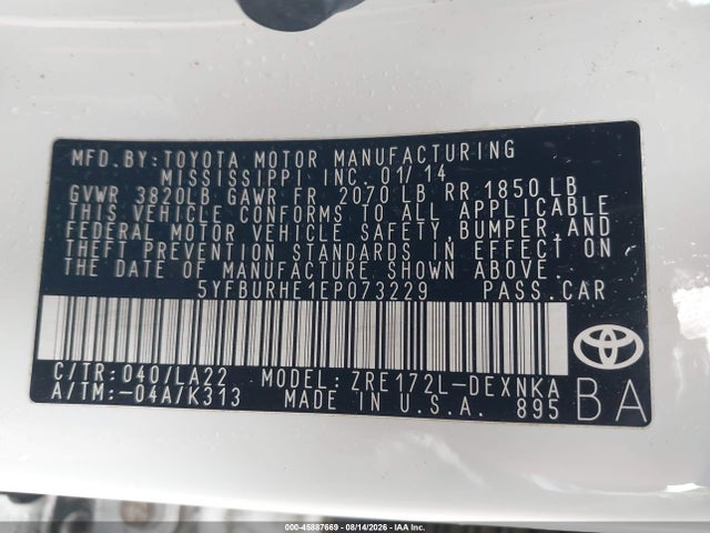 Auction sale of the 2014 Toyota Corolla Le Premium, vin: 5YFBURHE1EP073229, lot number: 45887669