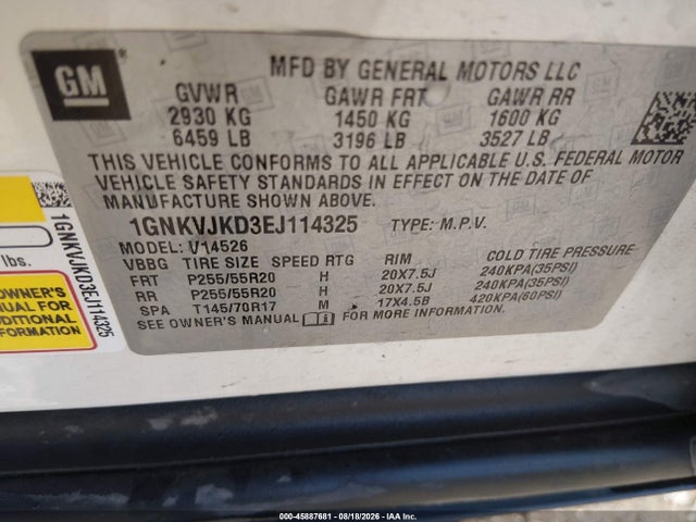 Aukcja sprzedaży 2014 Chevrolet Traverse Ltz, vin: 1GNKVJKD3EJ114325, numer aukcji: 45887681