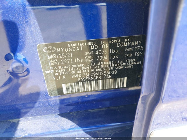 2021 Hyundai Ioniq Hybrid Se მანქანა იყიდება აუქციონზე, vin: KMHC75LC9MU255039, აუქციონის ნომერი: 45887687