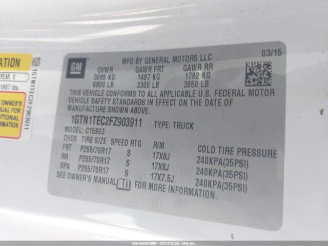 Продажа на аукционе авто 2015 Gmc Sierra 1500, vin: 1GTN1TEC2FZ903911, номер лота: 45887690