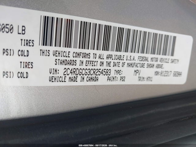 45887694 :رقم المزاد ، 2C4RDGCG3CR254583 vin ، 2012 Dodge Grand Caravan Sxt مزاد بيع
