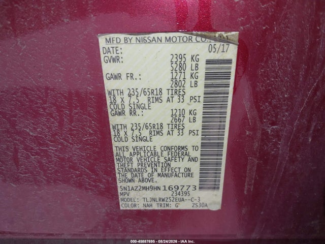 Aukcja sprzedaży 2017 Nissan Murano Sl, vin: 5N1AZ2MH9HN169773, numer aukcji: 45887695