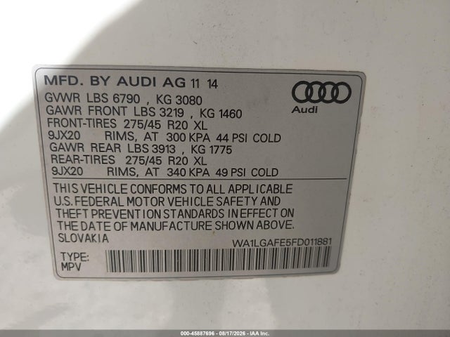 Продажа на аукционе авто 2015 Audi Q7 3.0t Premium, vin: WA1LGAFE5FD011881, номер лота: 45887696