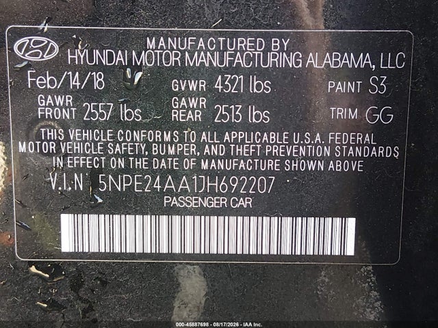 5NPE24AA1JH692207 Hyundai SONATA ECO