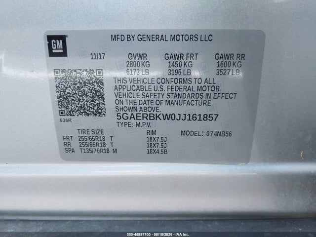 45887700 :رقم المزاد ، 5GAERBKW0JJ161857 vin ، 2018 Buick Enclave Essence مزاد بيع