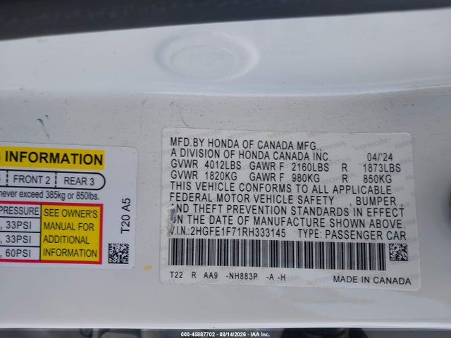 Aukcja sprzedaży 2024 Honda Civic Ex, vin: 2HGFE1F71RH333145, numer aukcji: 45887702