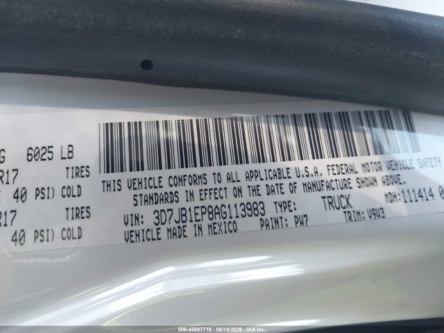 45887718 :رقم المزاد ، 3D7JB1EP8AG113983 vin ، 2010 Dodge Ram 1500 Slt/sport/trx مزاد بيع