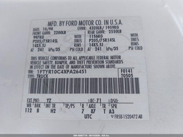 Aukcja sprzedaży 1999 Ford Ranger Xl/xlt, vin: 1FTYR10C4XPA26451, numer aukcji: 45887719
