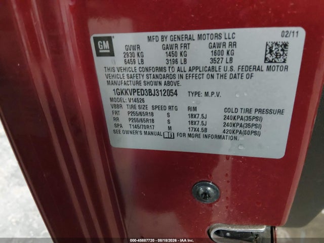Aukcja sprzedaży 2011 Gmc Acadia Sle, vin: 1GKKVPED3BJ312054, numer aukcji: 45887720