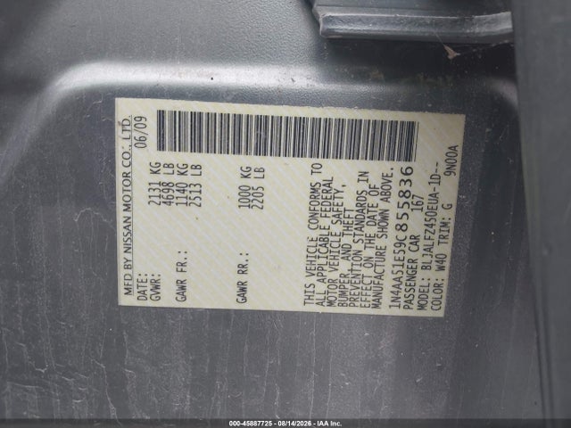 45887725 :رقم المزاد ، 1N4AA51E59C855836 vin ، 2009 Nissan Maxima 3.5 Sv مزاد بيع